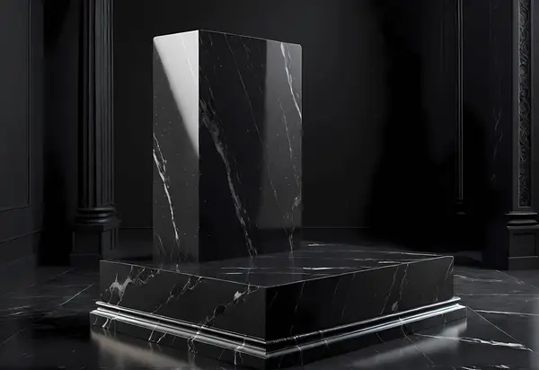 Koyu arkaplandaki mermer kürsü, 3 boyutlu. bilgisayar dijital çizimi.