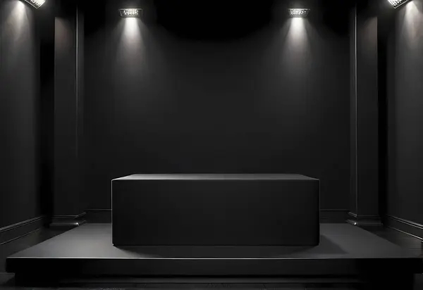 Siyah arka planda siyah podyum. 3d oluşturma.