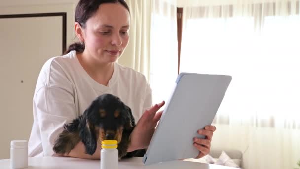 网上购物的小狗 在主人的怀里抱着一只小猎犬 房子里友善的宠物高质量的4K镜头 狗的维生素和补充剂 — 图库视频影像