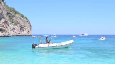 Boat on the sea of Sardinia. White luxury yacht. In the open sea. High quality 4k footage