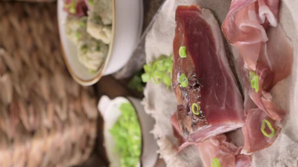 Speck Salo Smoked Traditional Meat Food North Italy Trentino Alps — Stok video