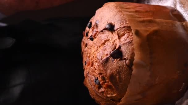 Panettone Milan Sweet Festive Bread Sprinkled Icing Sugar Traditional Italian — Stockvideo