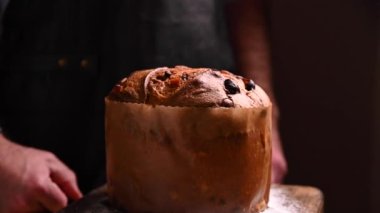 Milan 'ın Panettone' u. Şeker serpiştirilmiş tatlı şenlikli ekmek. Noel için geleneksel İtalyan hamur işleri. Kurutulmuş meyve ve bademlerle.. 