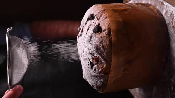 Panettone Milan Sweet Festive Bread Sprinkled Icing Sugar Traditional Italian — Αρχείο Βίντεο