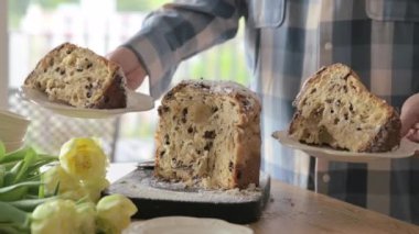 Panettone. Geleneksel İtalyan Paskalya ekmeği, kurutulmuş böğürtlen ve çikolatalı. Paskalya sepeti rahat bir evdeki bir kadının elinde. İtalya 'da Lombardiya bölgesinde. Noel 'in sembolü. 4k görüntü