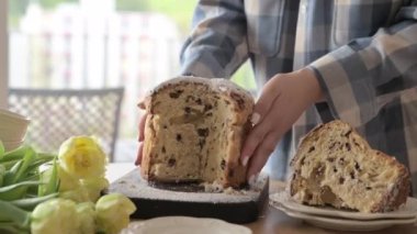 Panettone. Geleneksel İtalyan Paskalya ekmeği, kurutulmuş böğürtlen ve çikolatalı. Paskalya sepeti rahat bir evdeki bir kadının elinde. İtalya 'da Lombardiya Bölgesi. 