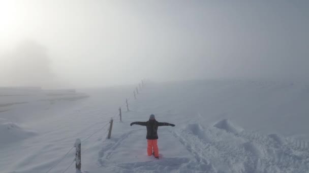 Camino Está Niebla Una Chica Está Jugando Nieve Desde Arriba — Vídeo de stock