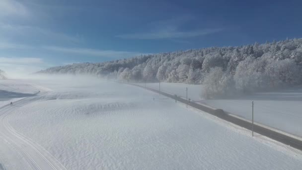 上からの霧の中の冬の風景とクワッドコプターで撮影された車の道 上からの息をのむような冬のスイスを体験してください クワッドコプターの映像は雪に覆われた景色を捉えています 4Kについて — ストック動画