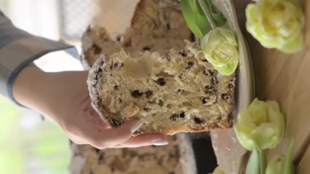 Panettone Tradiční Italský Velikonoční Chléb Sušenými Bobulemi Čokoládou Velikonoční Košík — Stock video
