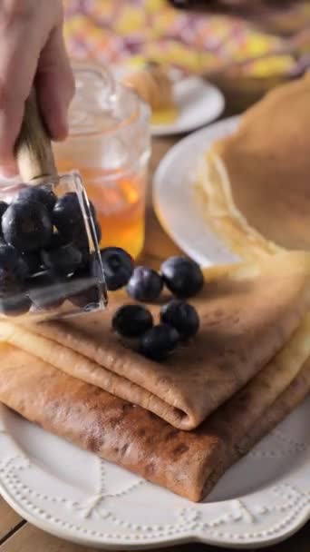 Thin Russian Pancakes Adorned Fresh Berries Mouthwatering Culinary Showcase Vertical — Stock Video
