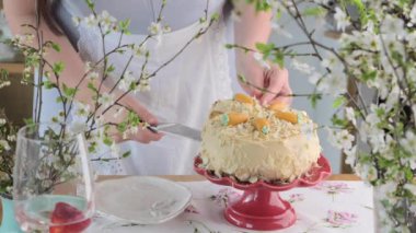 Kremalı ve badem kırıntılı büyük pasta: içinde havuçlu kek. Bahar desenli kek masada. Siyah pasta yakın plan, bir kadın bıçakla kesiyor. Yüksek kaliteli FullHD görüntüler