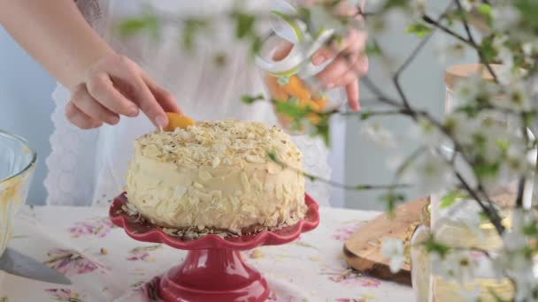 Nagy Torta Krémmel Mandulás Morzsákkal Belül Sárgarépás Süteményekkel Tavaszi Díszítésű — Stock videók