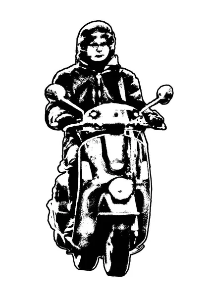 Человек Скутере Мотоцикл Изолированы Черно Белый Графический — стоковое фото