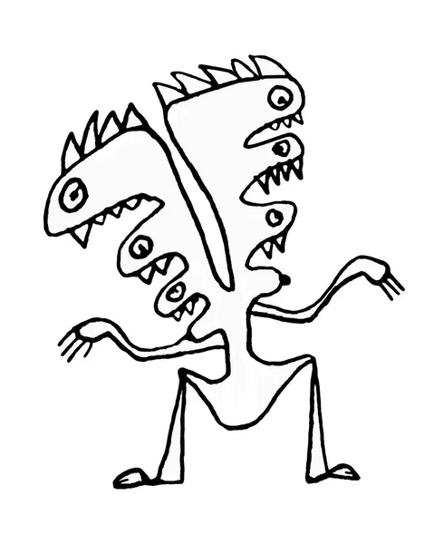 Engraçado Assustador Seis Cabeça Monstro Cartoon Preto Branco Ilustração — Fotografia de Stock
