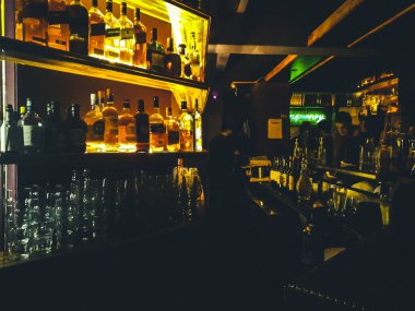MONTEVIDEO, URUGUAY, SEPTEMBER - 2021 - High contrast interior dark empty pub scene, montevideo, uruguay