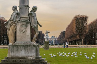 Day winter scene sculptures at luxembourg garden, paris, france