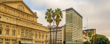 BUENOS AIRES, ARGENTINA, APRIL - 2022 - Wide shot colon theater exterior facade, buenos aires, argentina