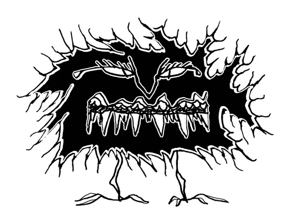 Vue Face Prise Monstre Noir Effrayant Dessin Croquant Illustration Linéaire — Photo