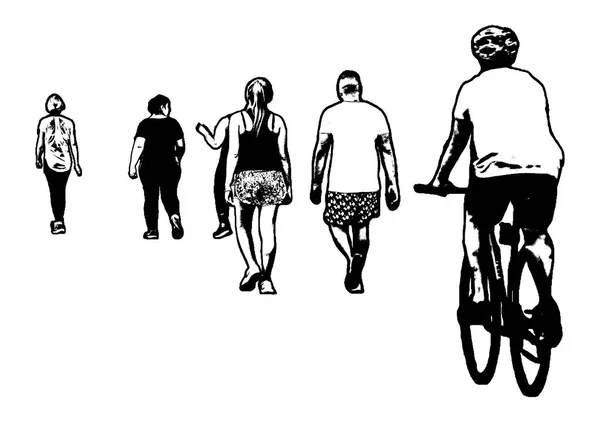Изолированная Группа Людей Идущих Тротуару Графический Белом Фоне — стоковое фото