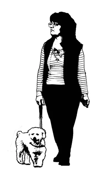 Зрілі Жінки Ходять Собакою Ізольовані Ілюстрації Стилю Трафарет — стокове фото
