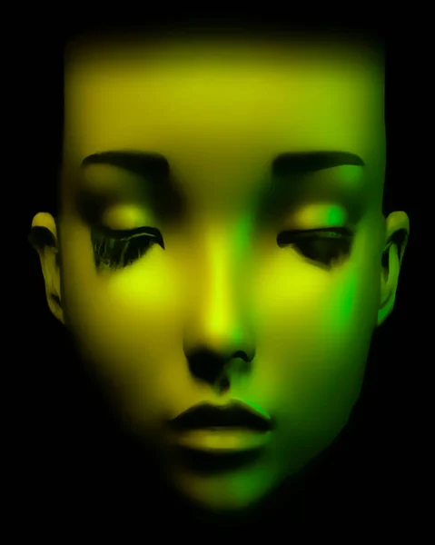 Feminine traits beauty cyborg close up portrait over black background