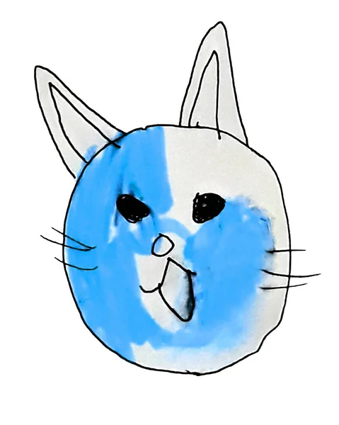 子供の孤立図面によって描かれたスケッチな猫の頭 — ストック写真