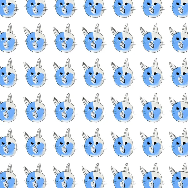 Kočičí Hlava Nakreslená Dětským Motivem Náhodné Modré Bílé Pastelové Barvy — Stock fotografie