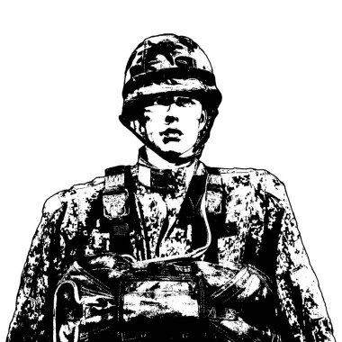 Üniformalı ve paraşütlü siyah beyaz manken asker çizelgesinde izole edilmiş.