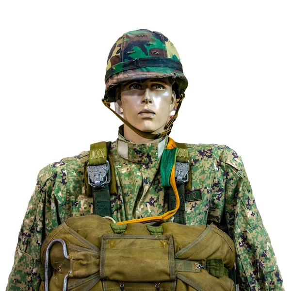 Izolované Bílé Fotografii Figuríny Voják Uniformou Padákem — Stock fotografie