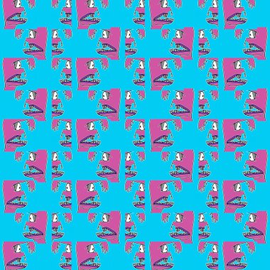 Sürpriz ifadeli komik canavar motif cyan ve pembe renk deseni çiziyor