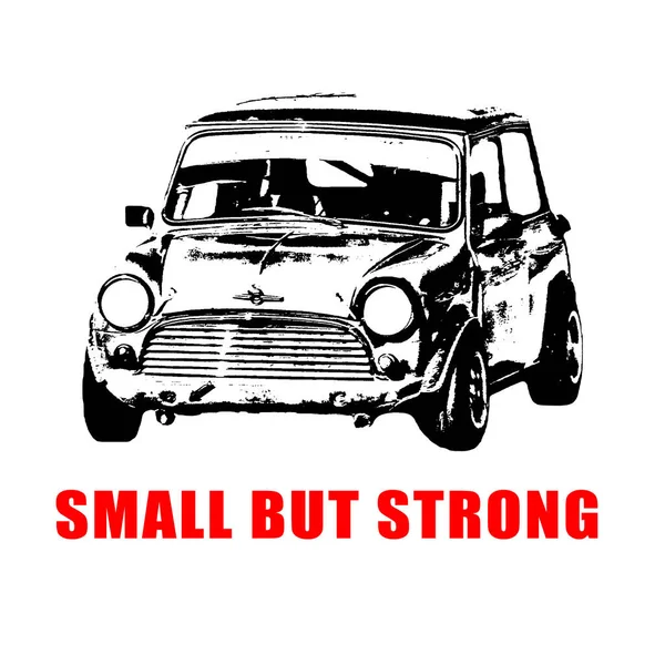 Zabawna Grafika Koncepcyjna Małą Sylwetką Samochodu Małym Ale Mocnym Tekstem — Zdjęcie stockowe