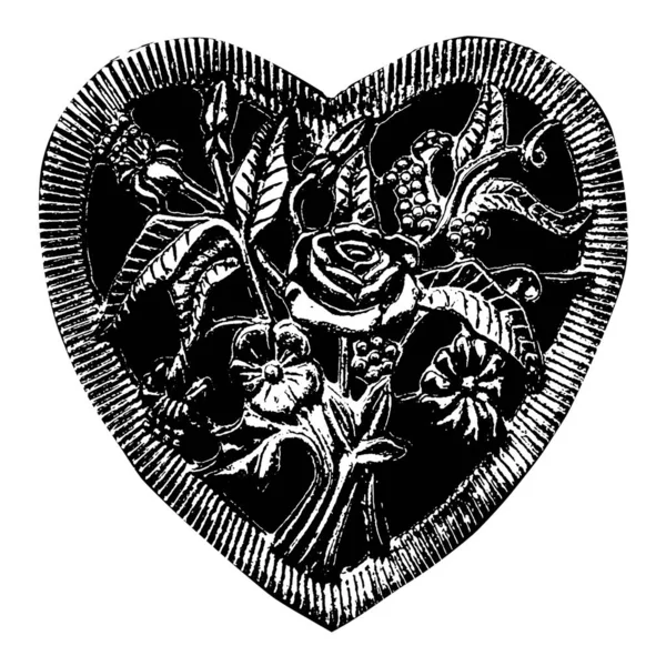 Czarno Białe Serce Kształt Pudełko Biżuteria Ozdobione Grafiki Izolowane Białym — Zdjęcie stockowe
