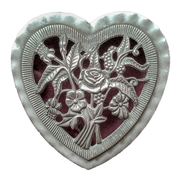 Grey Metal Heart Shape Jewerly Box Ornated Isolated White Background — Stock Photo, Image