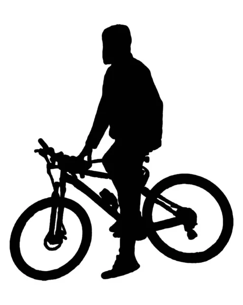 侧视射击男子站在自行车上孤立的黑色图形 — 图库照片