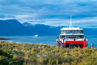 Ushuaia, Arjantin; 15 Nisan 2022: Beagle Channel, Uhuaia, Arjantin Tierra del Fuego, Arjantin 'deki adalardan birine gemi gezisi