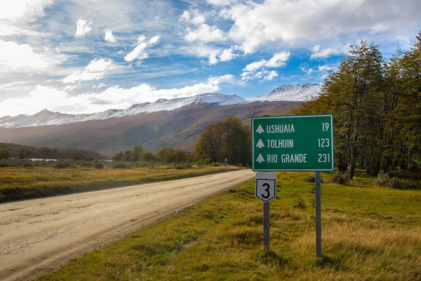 Route 3 and andes snowy mountains range at background, tierra del fuego park, argentina