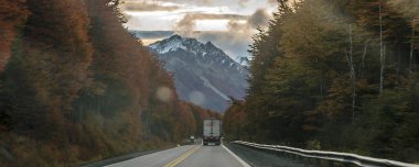 Kargo kamyonu karayolunu geçiyor. Etrafı orman manzarasıyla çevrili. Tierra del Fuego bölgesi, Arjantin.