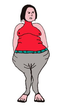 Önden bakan şişman kadın, vücut portresinin tamamını çiziyor.