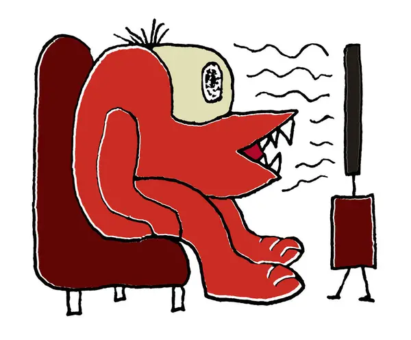 Monster watching tv on sofa funny series addiction concept sketchy drawing illustration