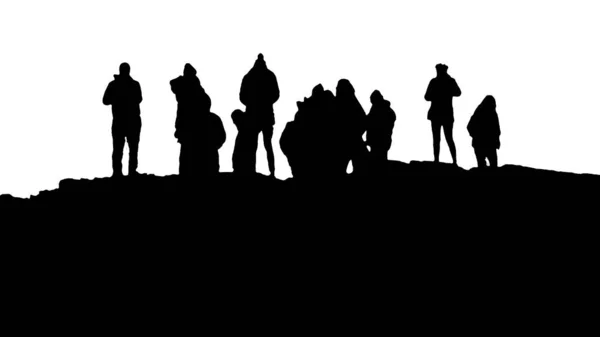 Black graphic silhouette of a group of people standing at top of rocky hill