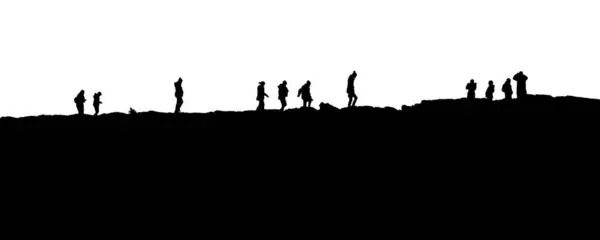 Black graphic silhouette of a group of people walking at top of rocky hill