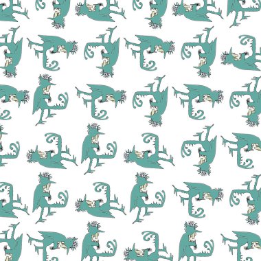 Ürkütücü canavar kuş motif turkuaz ve beyaz renk tasarım deseni