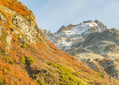 Orman ve kayalık dağlar manzara, laguna esmeralda yürüyüş yolu, tierra del fuego bölgesi, Arjantin