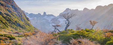 Vadi ve karlı dağlar manzara, laguna esmeralda yürüyüş yolu, tierra del fuego bölgesi, Arjantin