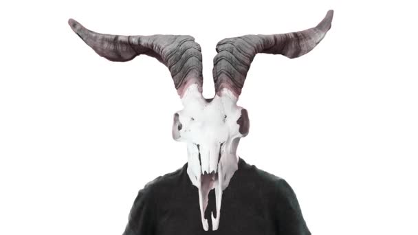 Człowiek Maską Kozy Śmieje Się Odizolowany Białym Tle Animacji — Wideo stockowe