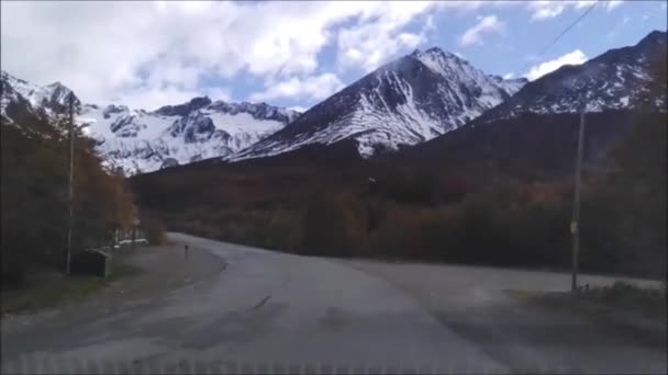 森林景観と雪山を横断するダートロード アルゼンチン アルゼンチン — ストック動画