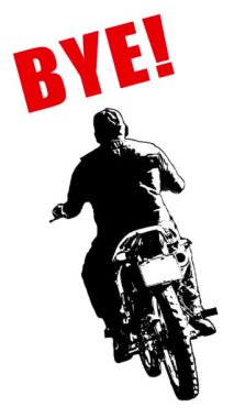 Güle güle komik konsept etiketi. Motosikletli adamın taşınması döngülü animasyon.