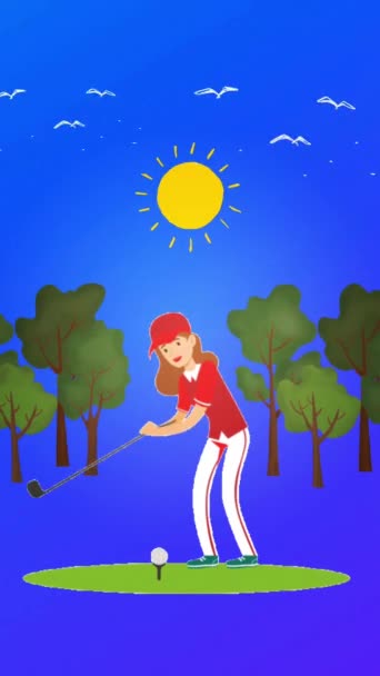 Jovem Mulher Jogando Golfe Paisagem Ensolarada Ambiente Loop Animação Vídeo De Stock Royalty-Free