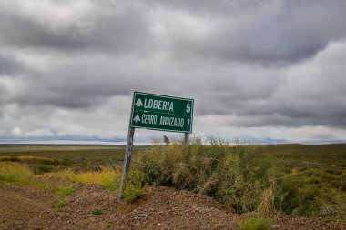 Steppen patagonya manzarasının ortasında işaret direği, Puerto medryn, Chubut bölgesi, Arjantin