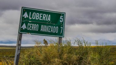 Steppen patagonya manzarasının ortasında işaret direği, Puerto medryn, Chubut bölgesi, Arjantin